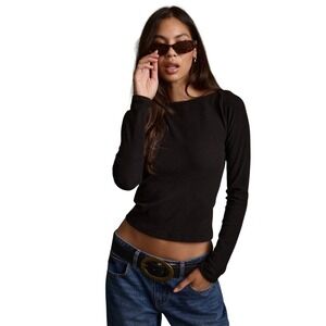 12th Tribe Matti Black Boat Neck Ribbed Long Sleeve Top Size Large